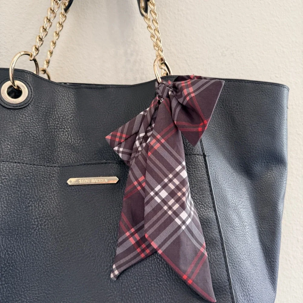 Steve Madden Black Faux Leather Tote Bag Gold Chain Straps Plaid Scarf Vegan